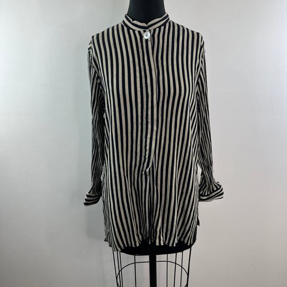 Camille Claudel Gold Black Blouse Striped Collarless Long Sleeve Button Front - Picture 2 of 6